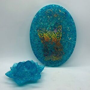 Resin Vanity Tray & Votive Holder Set. Blue Speckle. NWT.